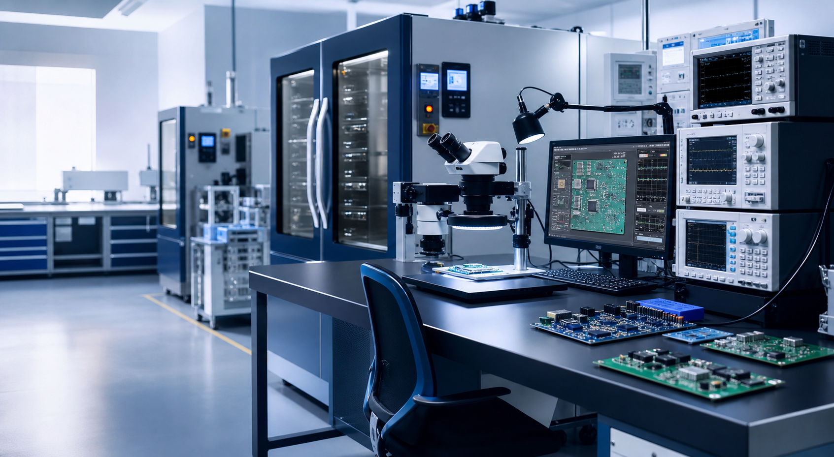 Reliability test lab with environmental chambers, electronics analysis bench and measurement equipment